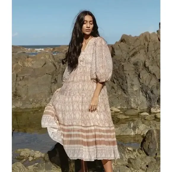 DAUGHTERS OF INDIA Jasmine Midi Dress Women Small White Brown Block Print Cotton - Picture 2 of 16